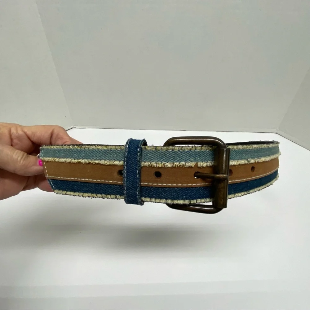 Vintage Belt Denim & Faux Leather Size XL Frayed Boho Casual Blue Brown Trendy
